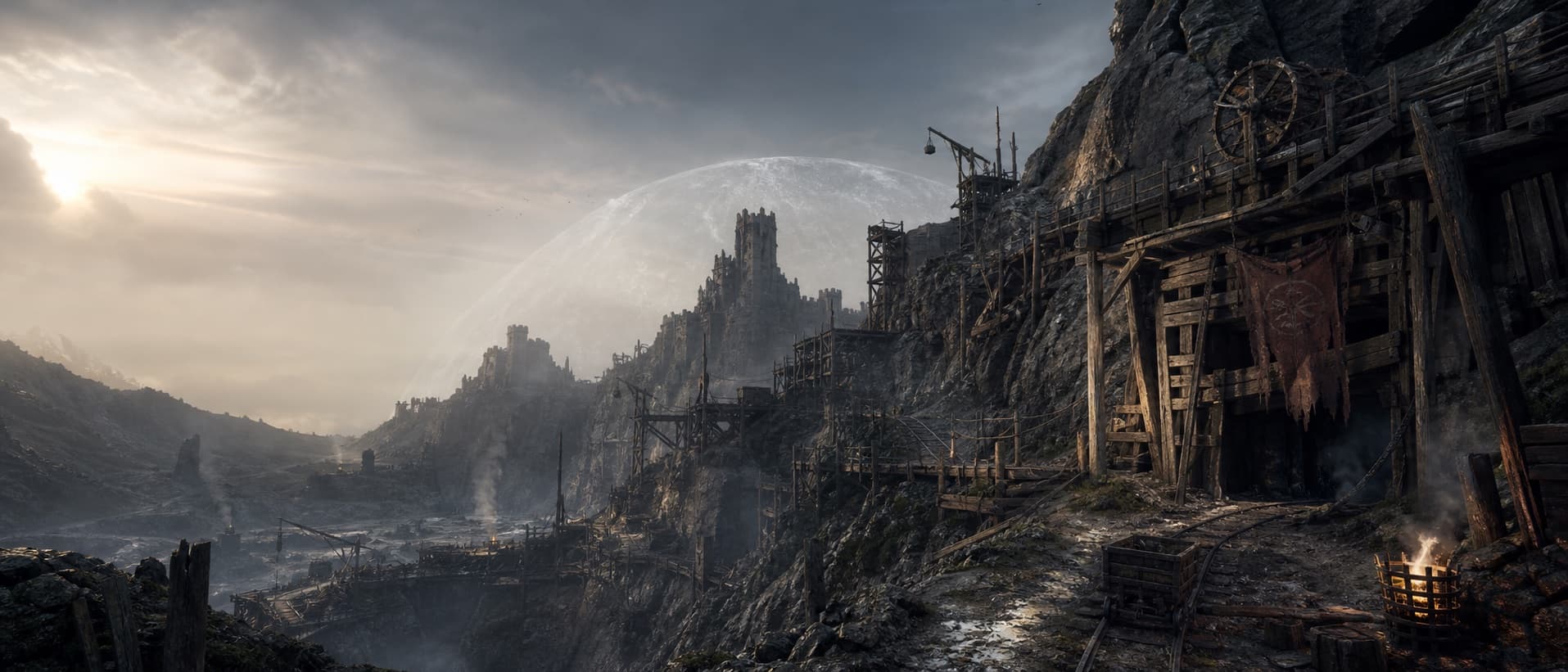 Original artwork of a medieval mining valley beneath a magical barrier